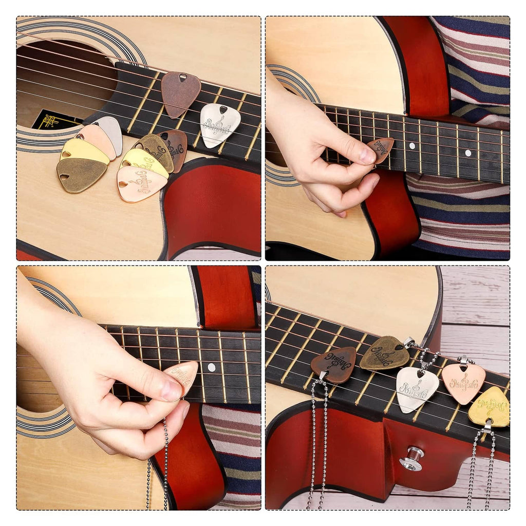 Hand holding metal guitar pick over strings on an acoustic guitar