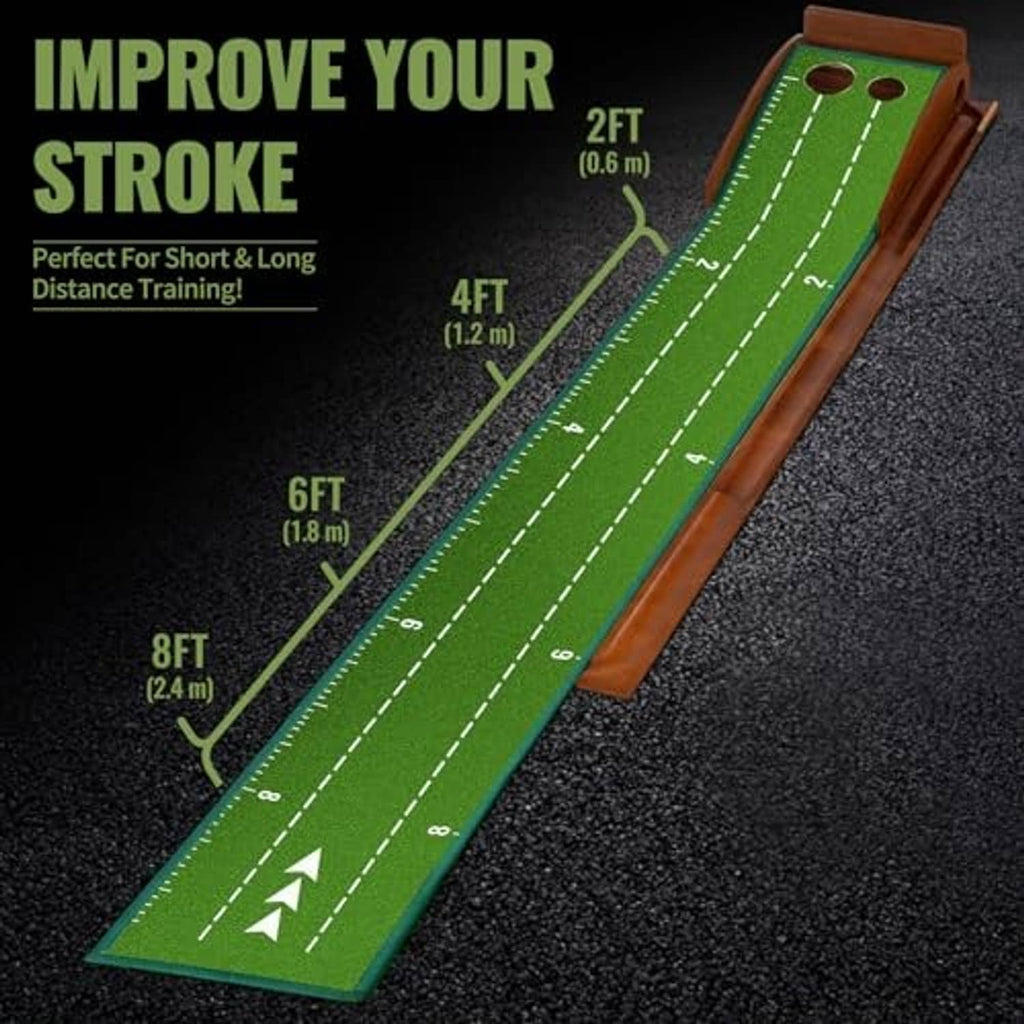 Green putting mat with white lane markings and wooden return track