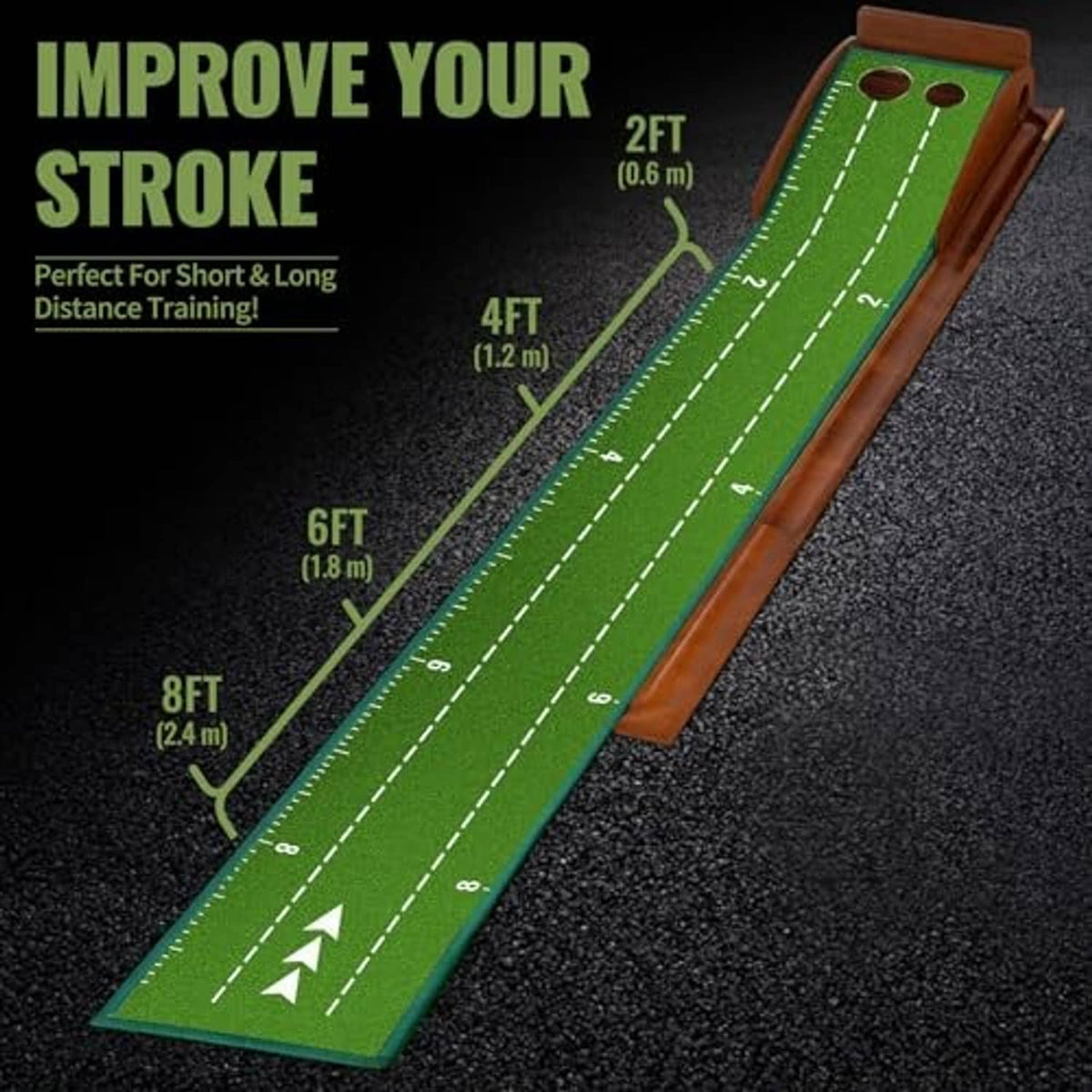 Green putting mat with white lane markings and wooden return track