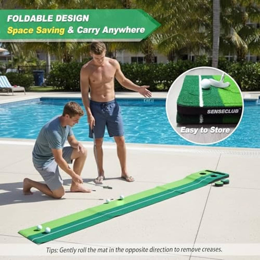 Foldable indoor putting green mat with two holes and rolled storage section