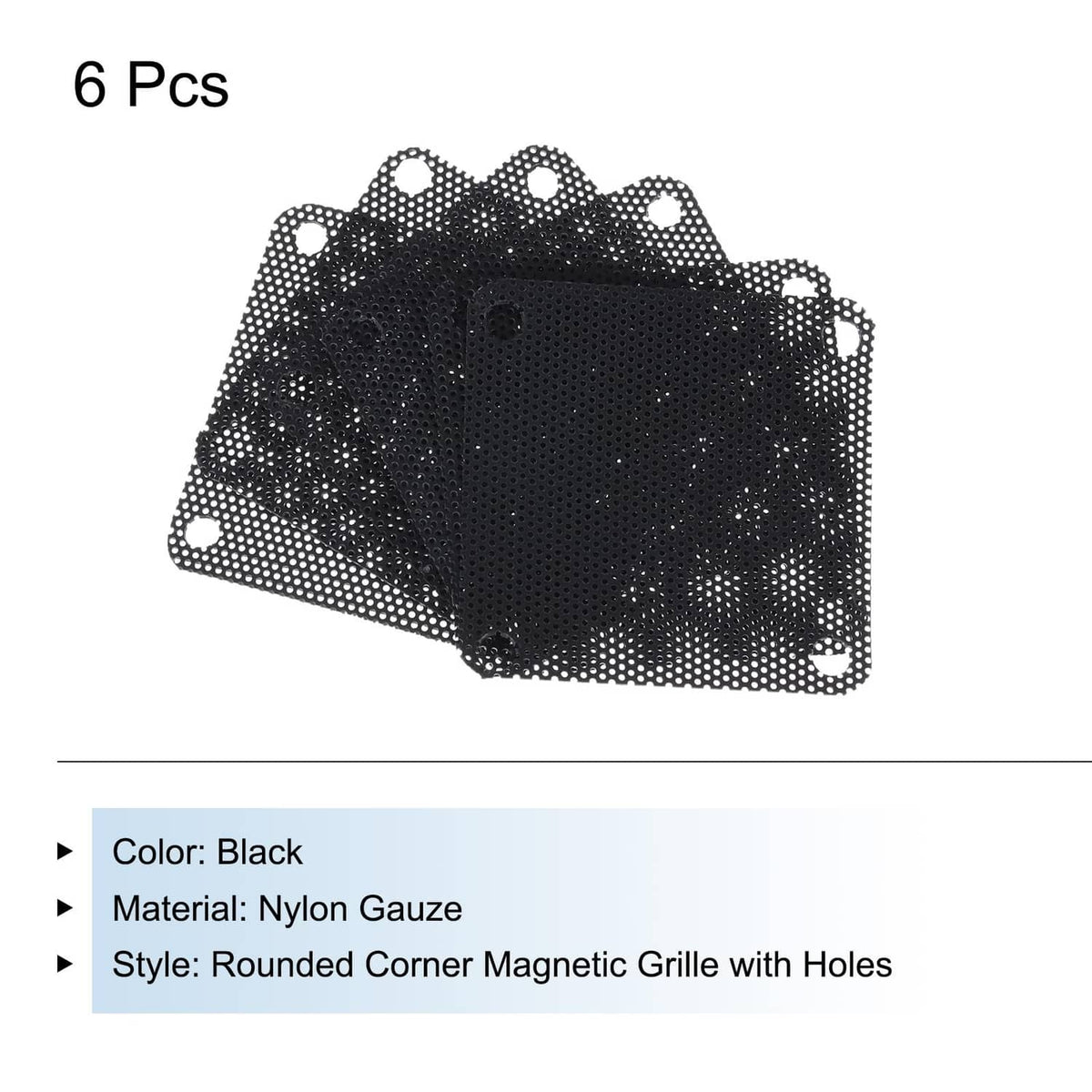 Pack of 6 black nylon gauze magnetic dust filters with rounded corner holes