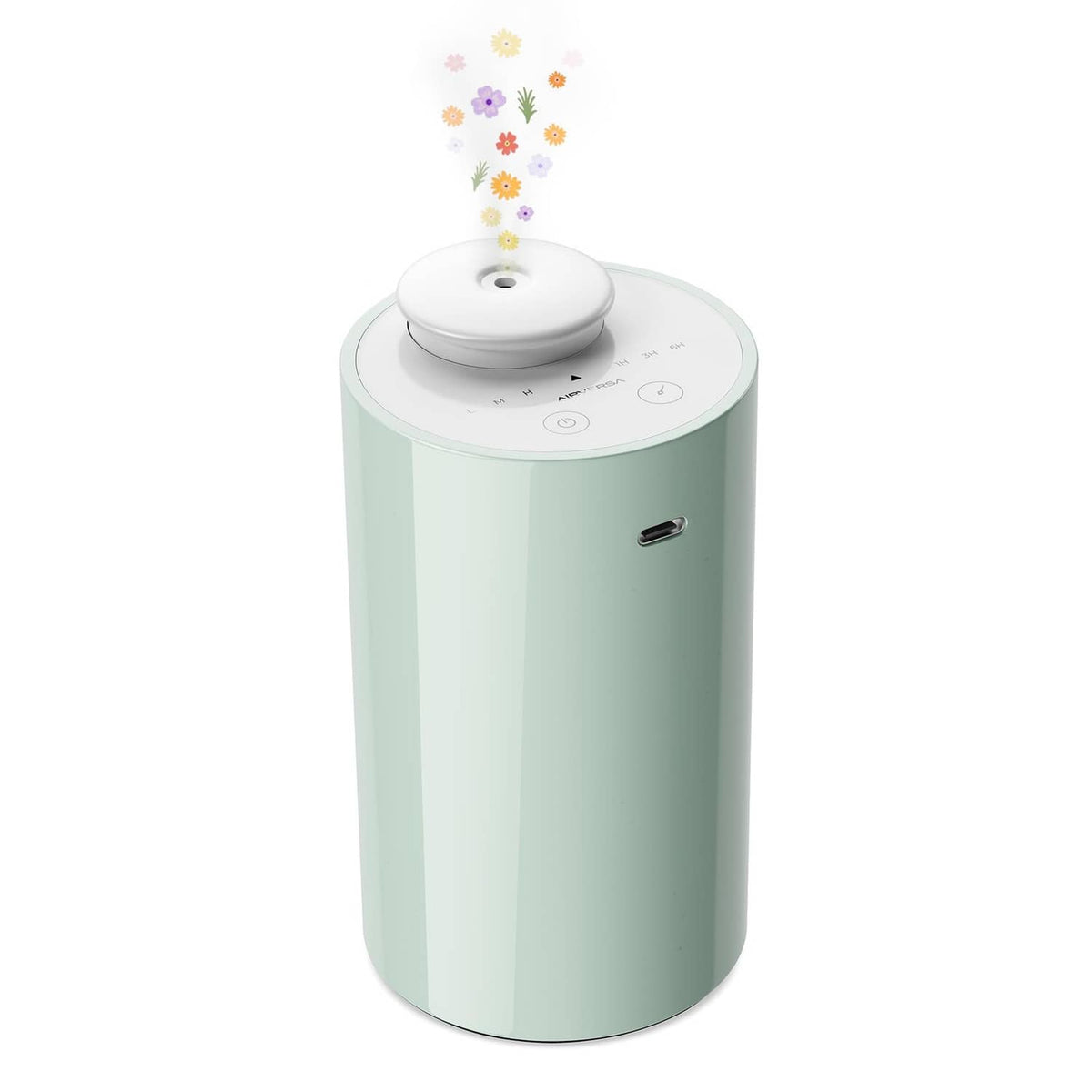 Mint green waterless essential oil diffuser with white lid and central nozzle