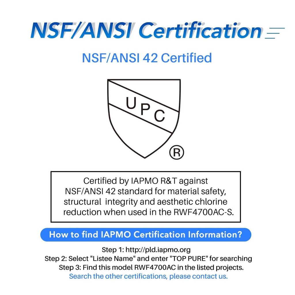 Refrigerator water filter cartridge with NSF/ANSI 42 certification seal