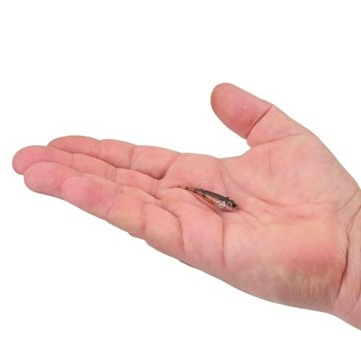 Yellow perch soft plastic fishing bait held in open hand