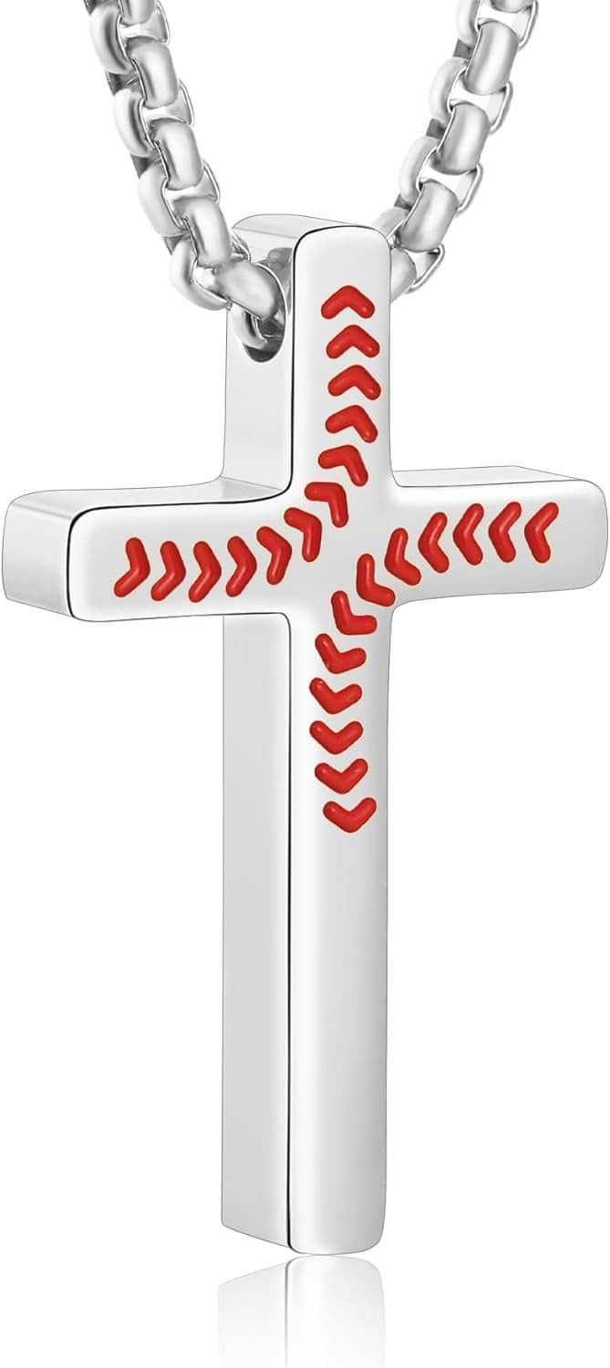 Silver stainless steel baseball cross pendant necklace with red stitching detail