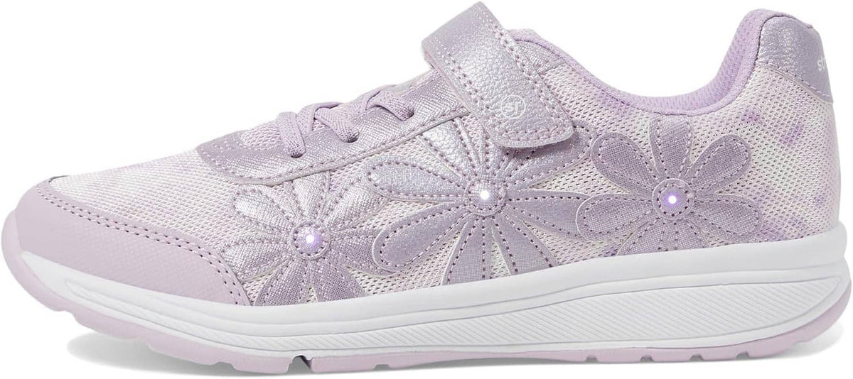 Light-up lavender sneaker with lace-up closure, hook-and-loop strap, and glowing dots