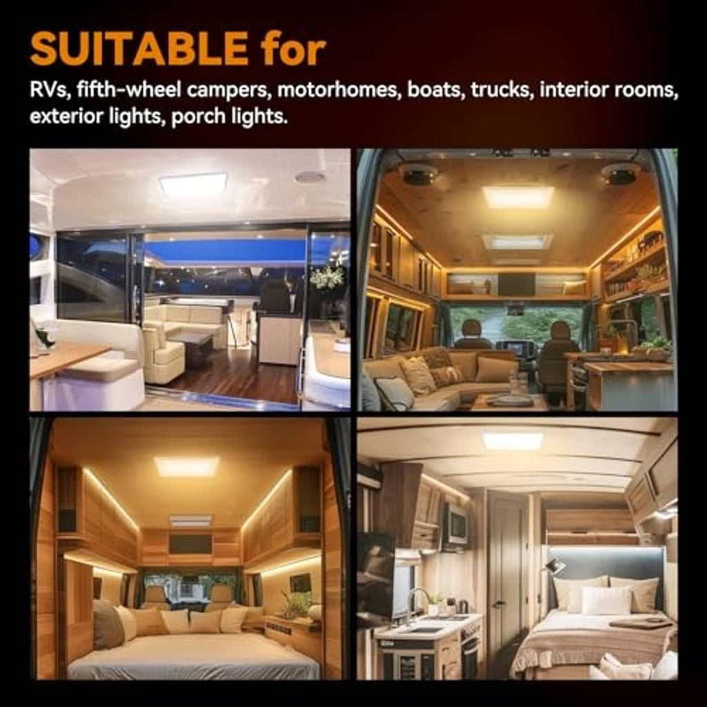 RV interior LED ceiling lights shown in multiple vehicle room areas