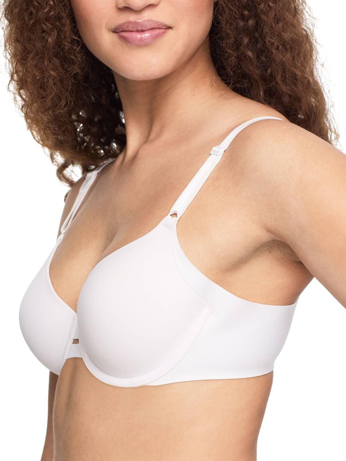 White underwire bra with adjustable straps, smooth cups, and side panels
