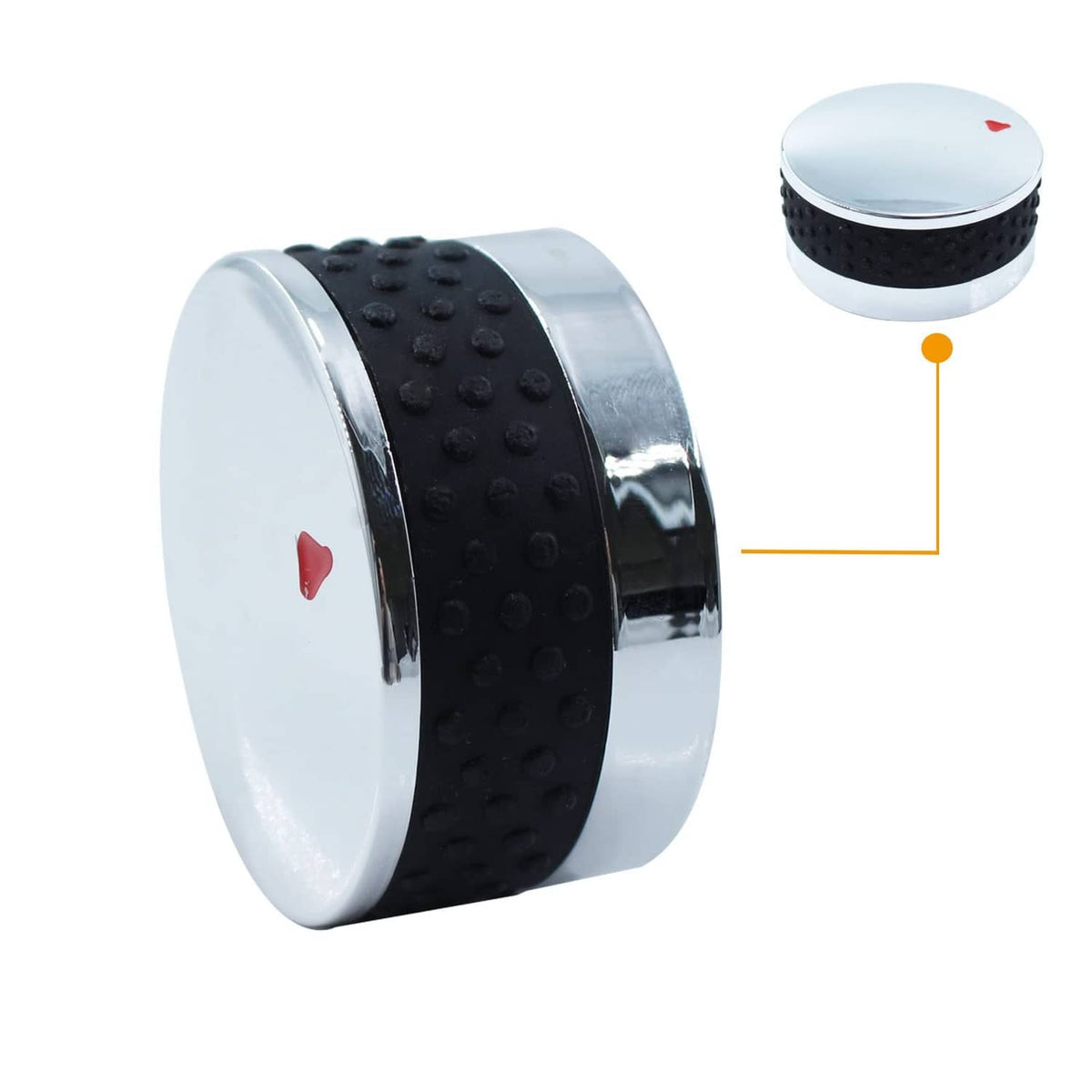 Propane control knob from the side, silver face and black textured ring, red indicator