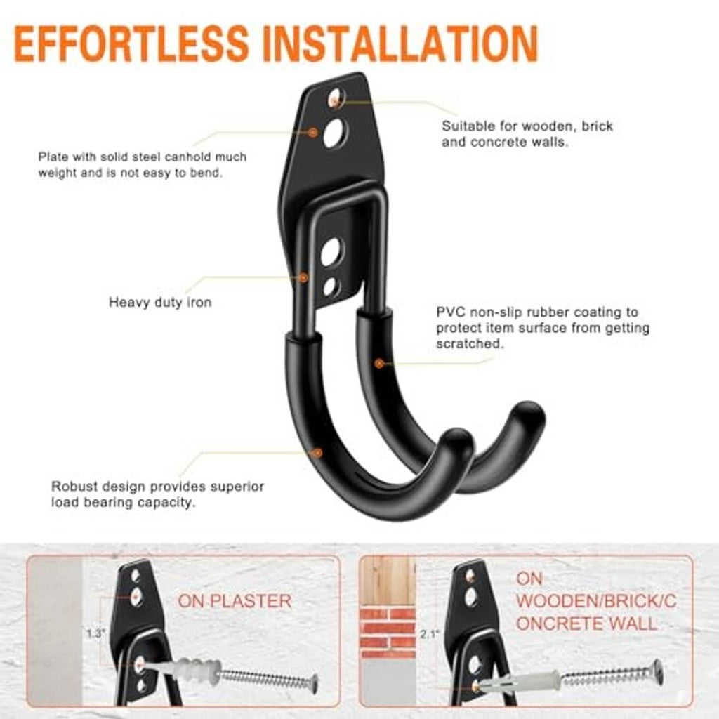 Black J-hook with mounting plate and curved arms, suitable for wall mounting