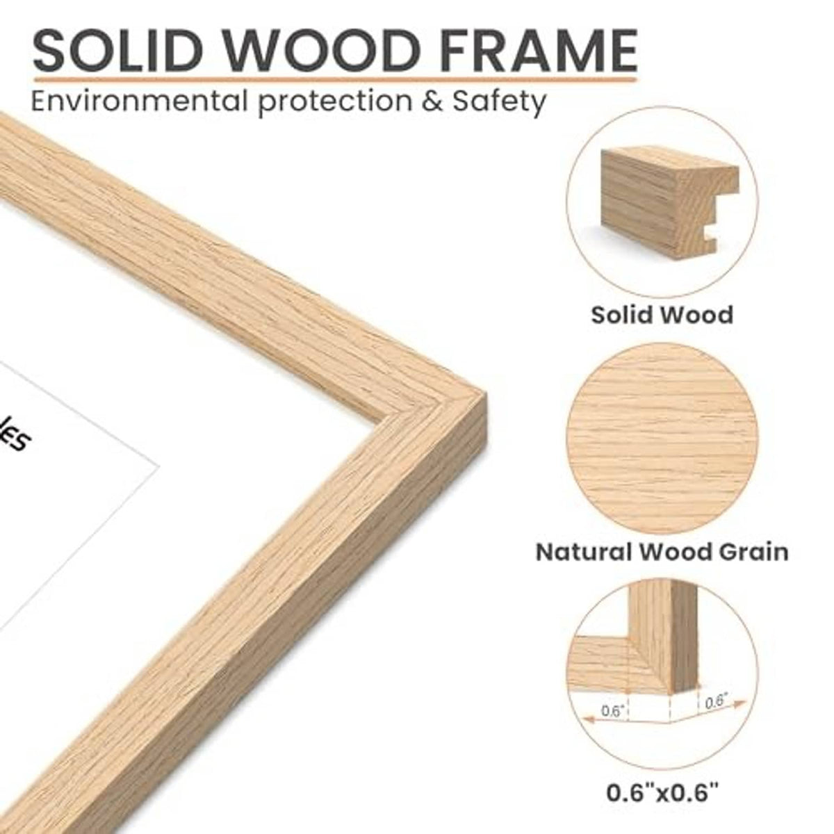 Solid natural wood picture frame corner detail with straight wood grain