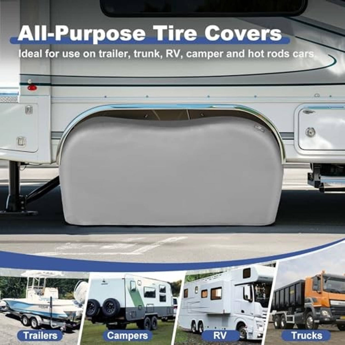 Gray dual axle tire cover installed on trailer wheel, arched protective cover