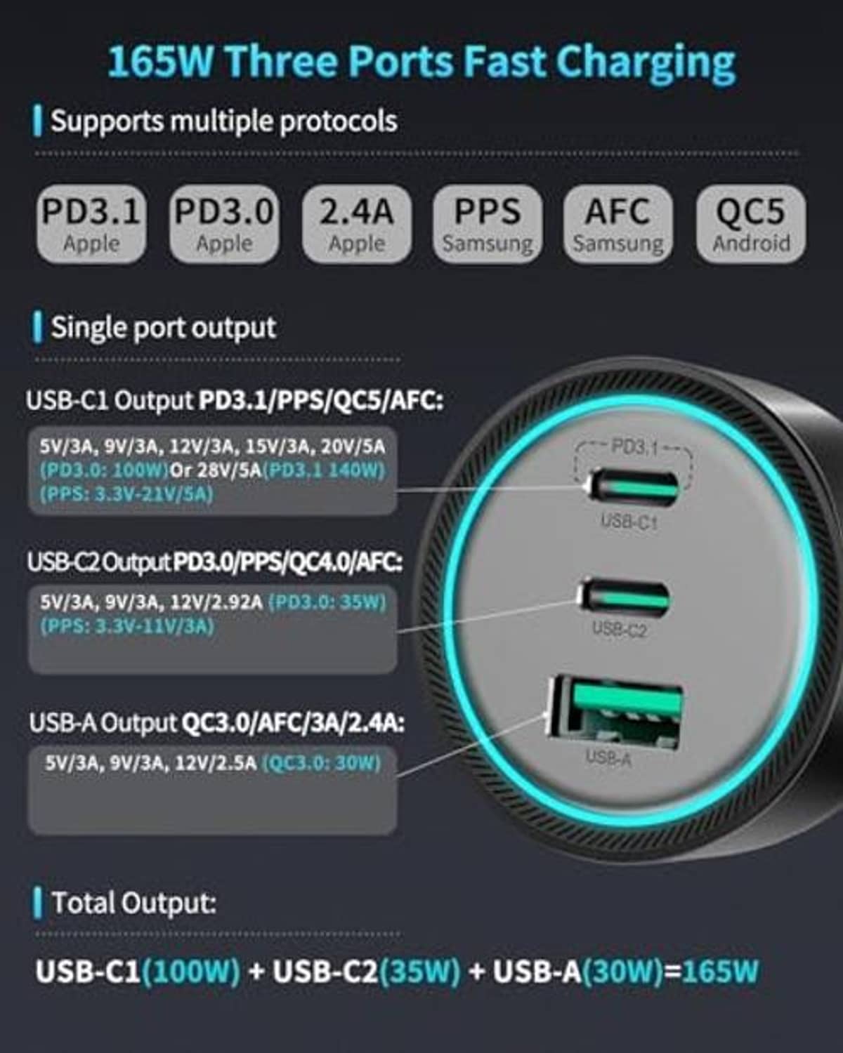 Black 3-port car charger close-up with glowing blue ring around the ports