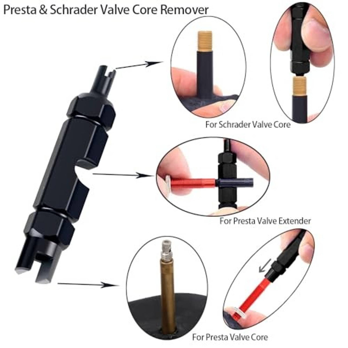 Black valve core remover tool for presta valve cores with shown valve end fittings