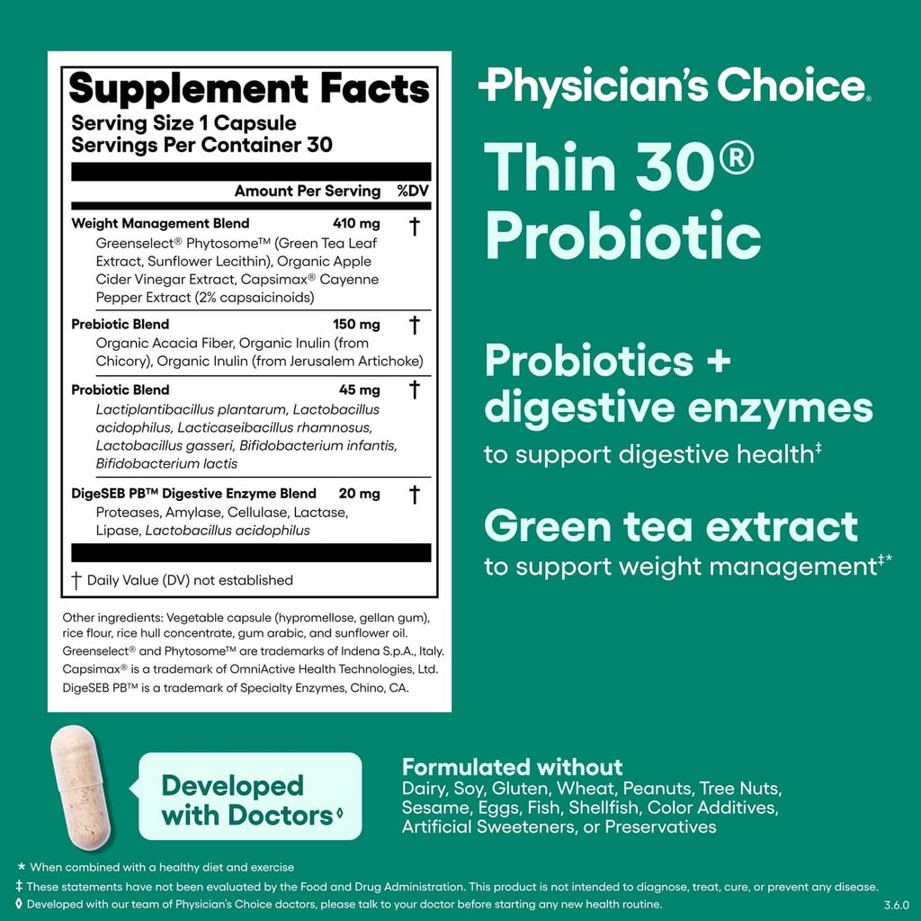 Supplement Facts label and Physician's Choice Thin 30 probiotic ingredient panel