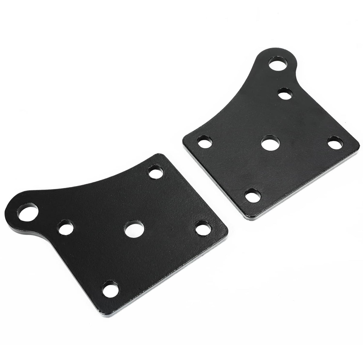 Two black steel lift brackets with multiple mounting holes