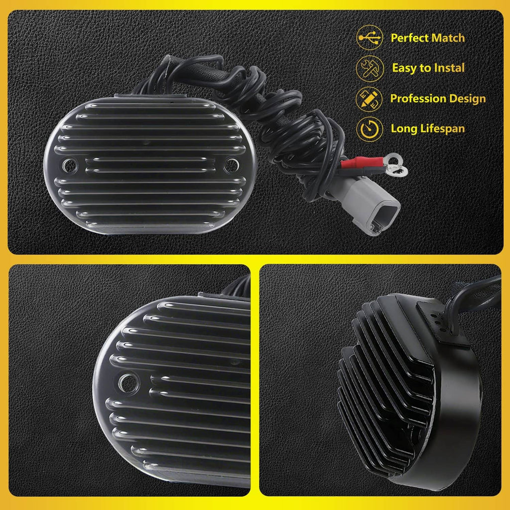 Black round voltage regulator rectifier with vented cooling fins and wiring plug