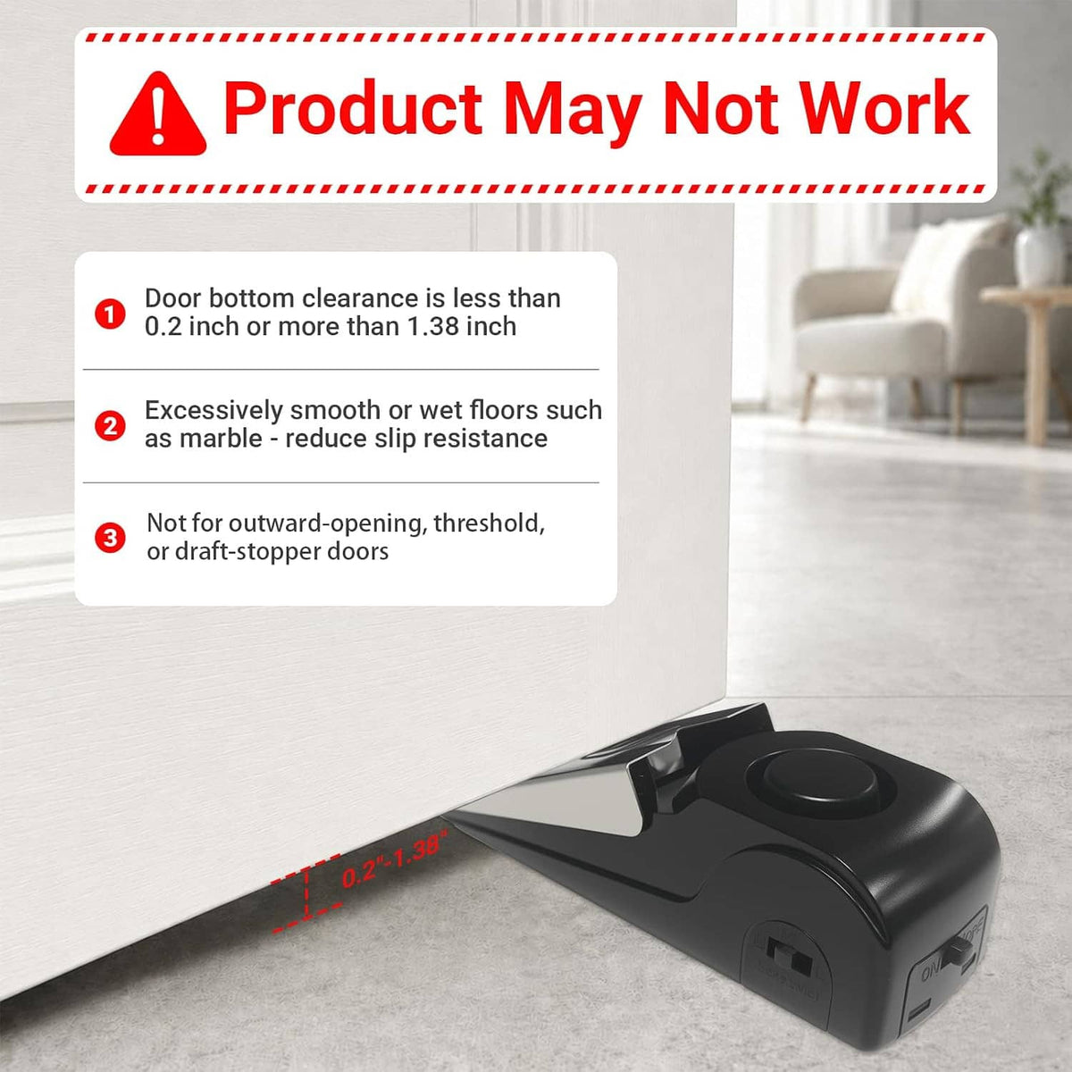 Black door stop alarm wedge placed on the floor near a door edge