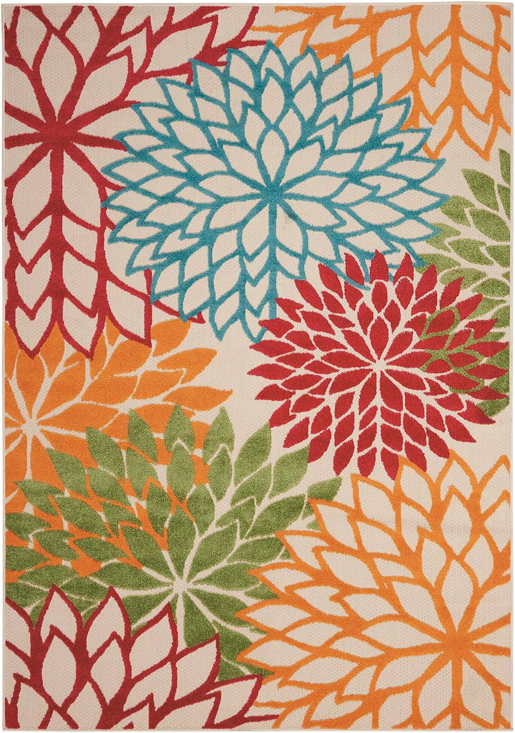 Tropical area rug with bold floral medallion design in red, teal, orange, and green