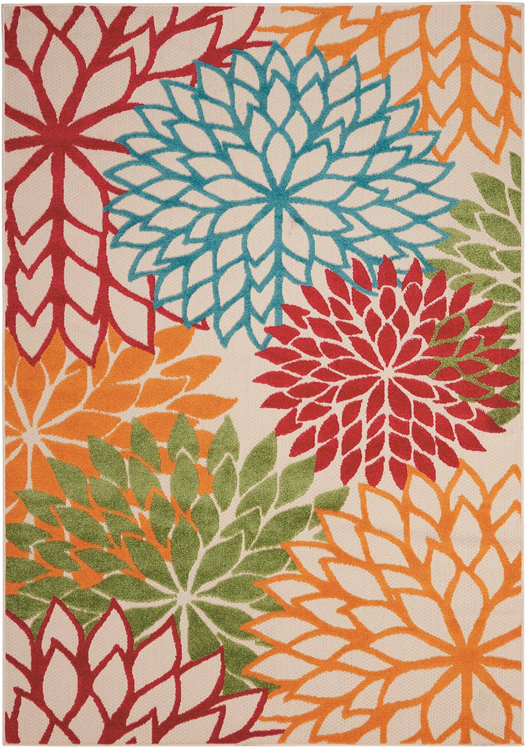 Tropical area rug with bold floral medallion design in red, teal, orange, and green