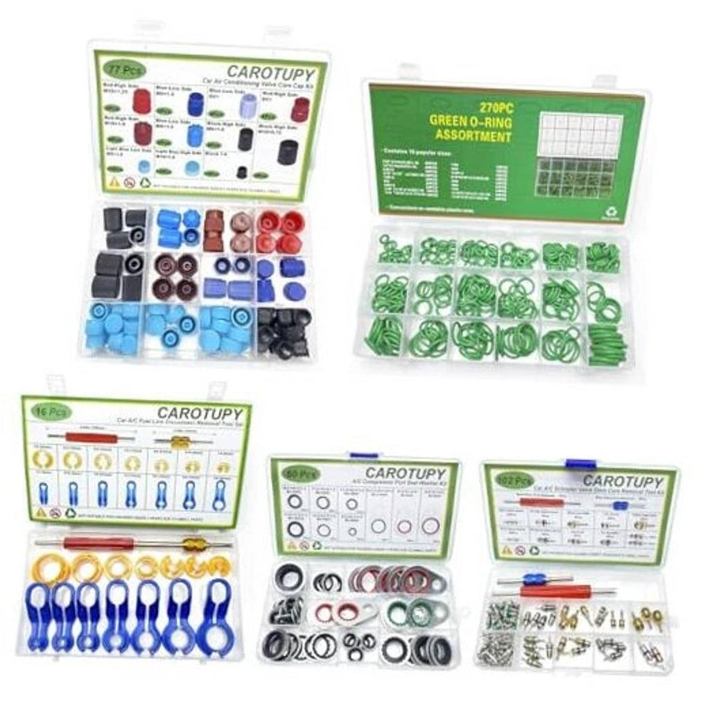 Car A/C repair kit with assorted O-rings and valve core accessories in organizer pouches