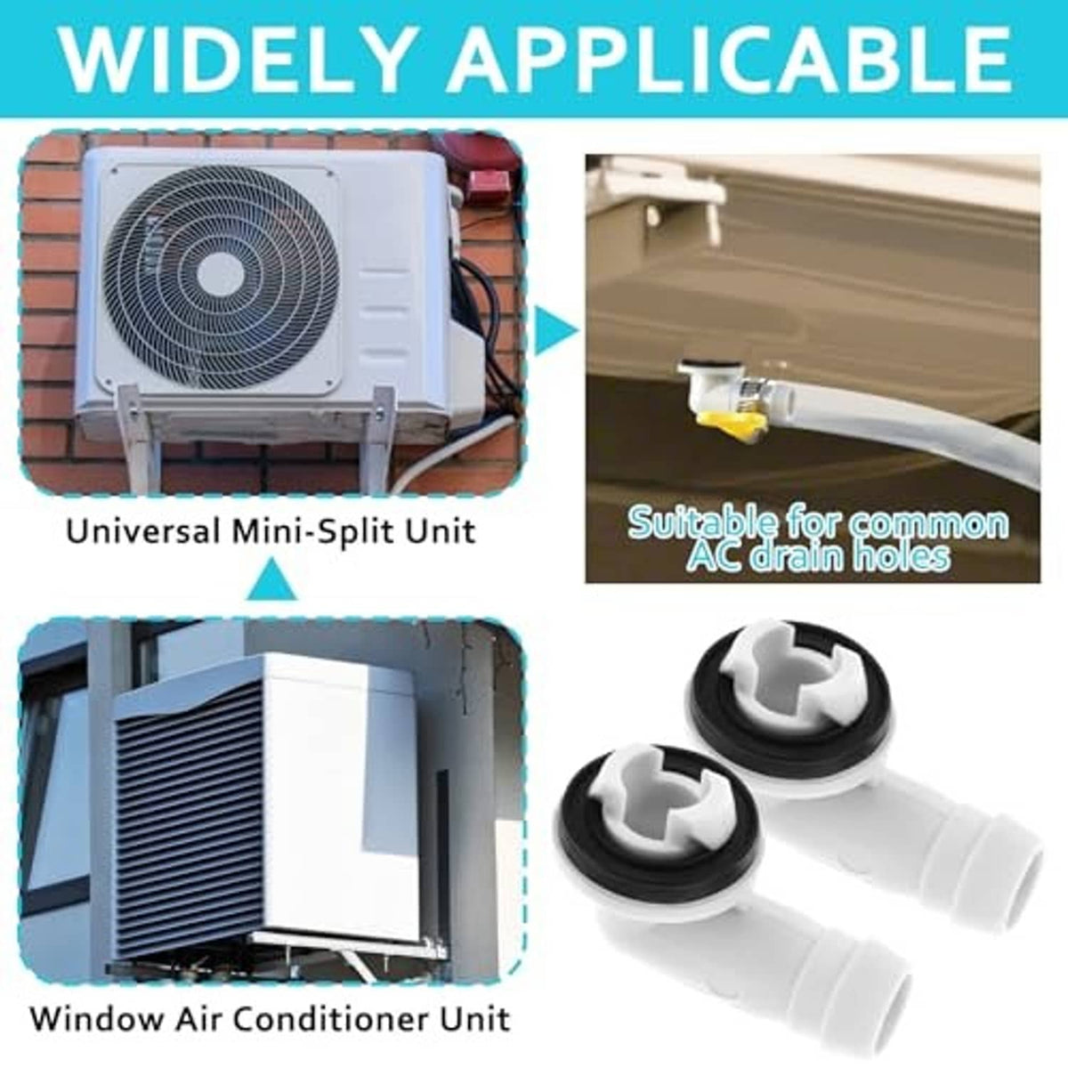 Two AC drain hose connectors with white tubing and black rubber seal rings