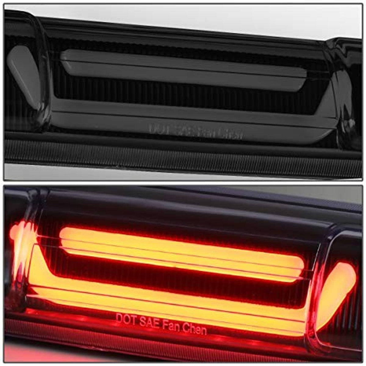 Close-up of black smoke 3D LED high mount brake light lens with glowing LED bar