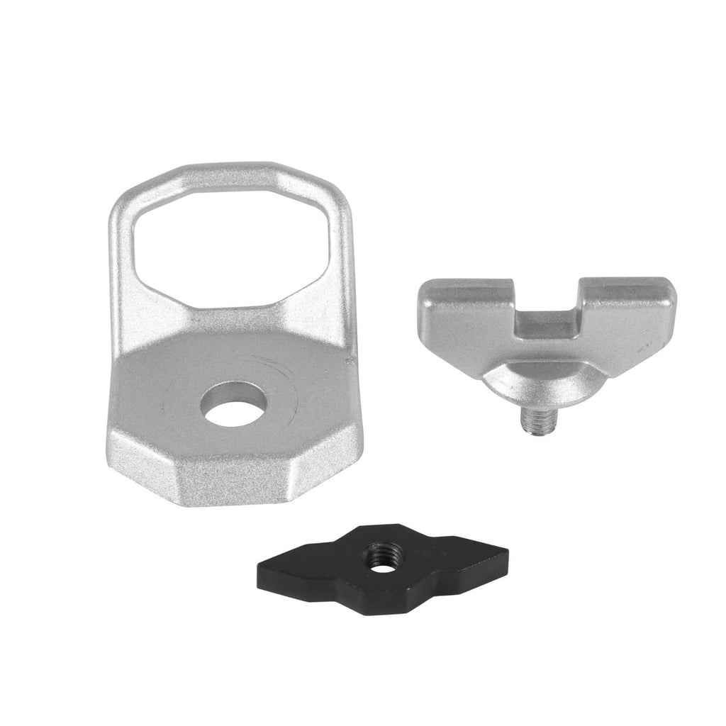 Silver D-ring anchor kit with separate latch pieces and threaded fastener
