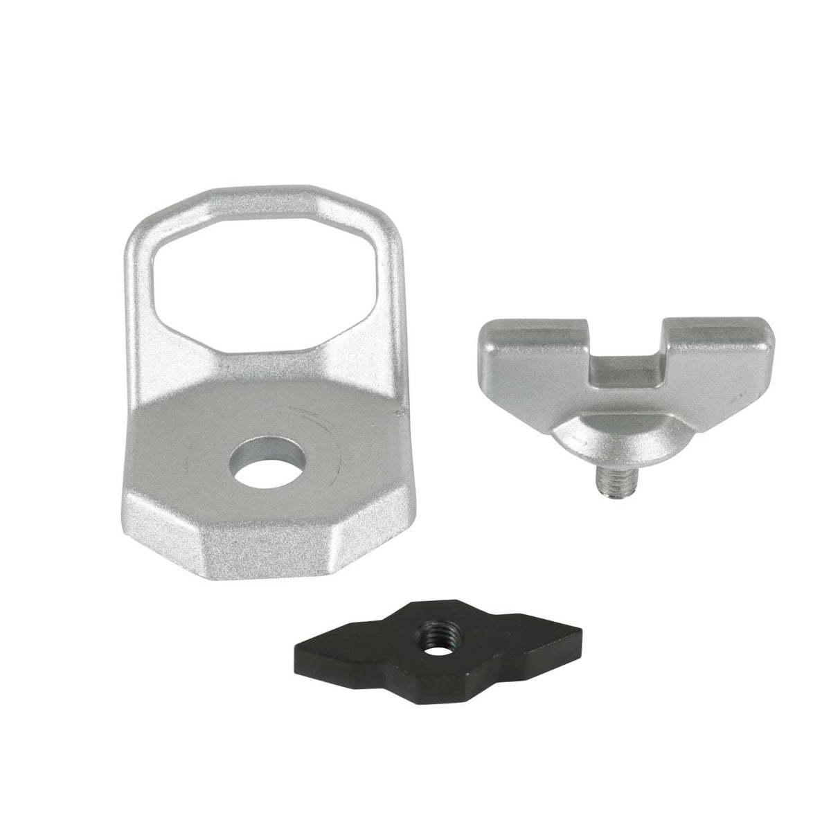 Silver D-ring anchor kit with separate latch pieces and threaded fastener