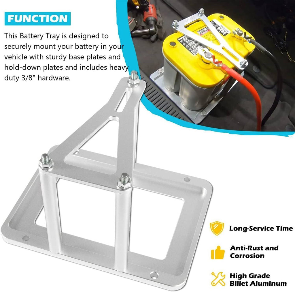 Billet aluminum battery tray hold-down bracket with tall plates for secure mounting