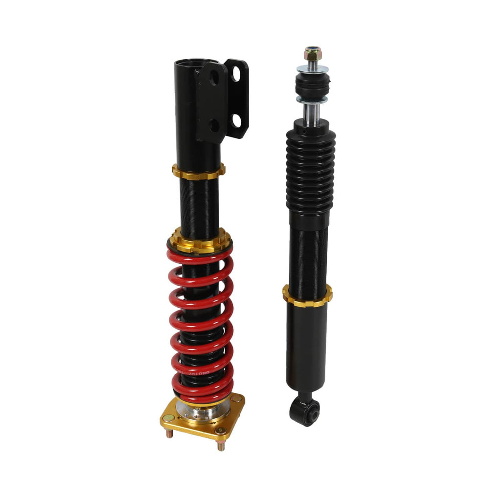 Coilover shock pair: one with red spring, one without, both black with mounting tabs
