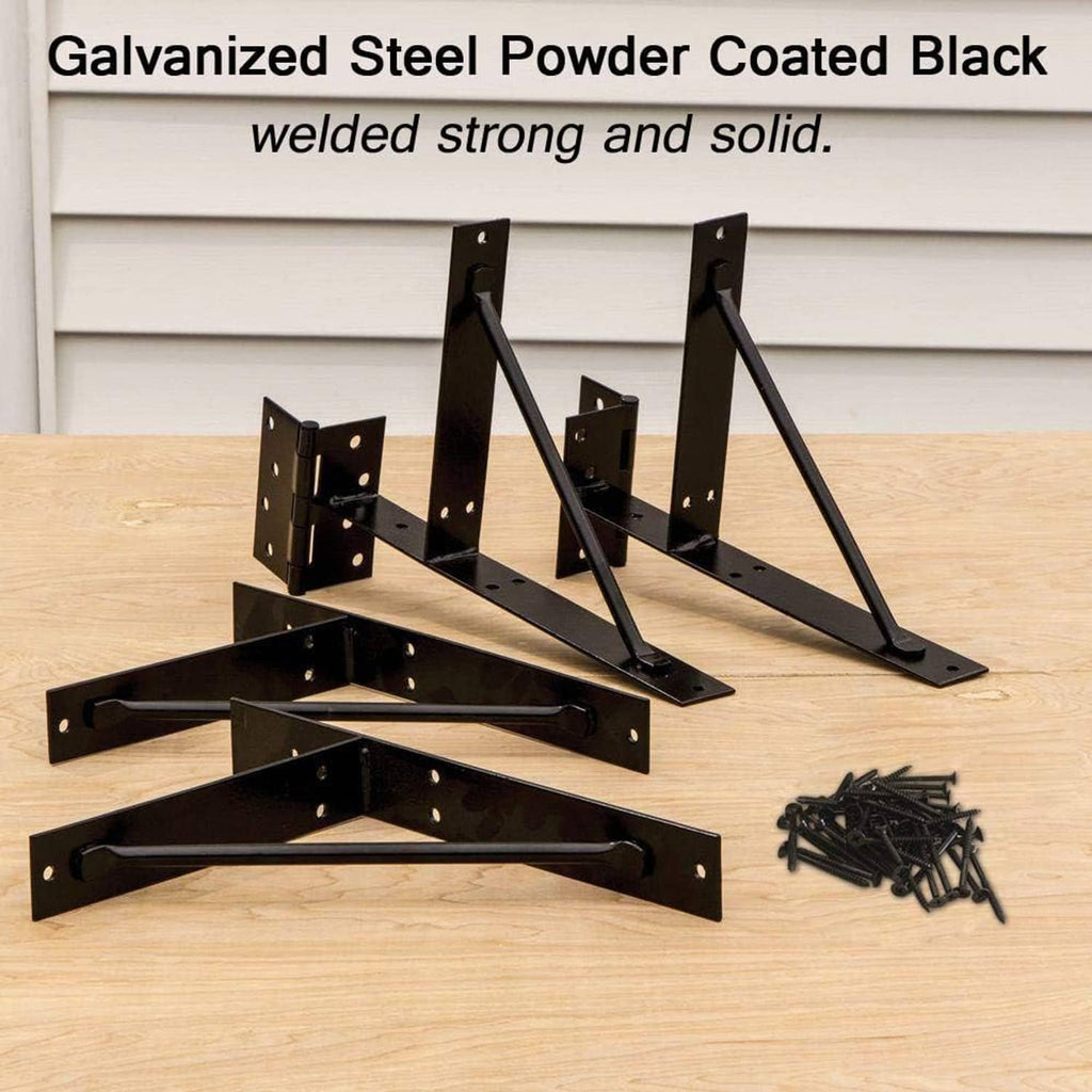 Black steel no-sag corner brace bracket set with screws, for shed or gate door corners