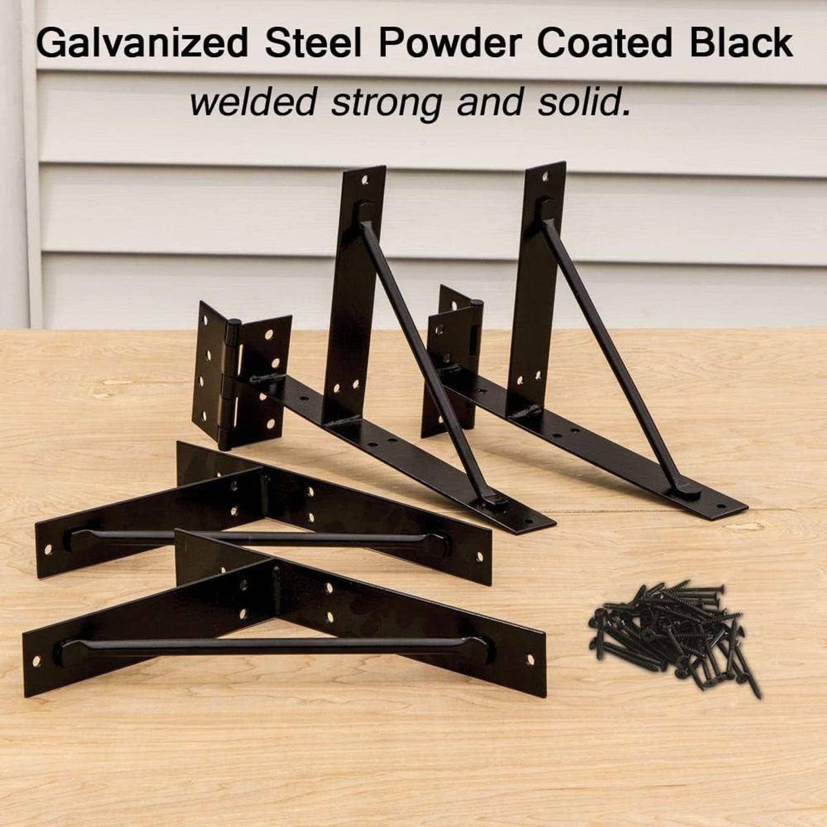 Black steel no-sag corner brace bracket set with screws, for shed or gate door corners