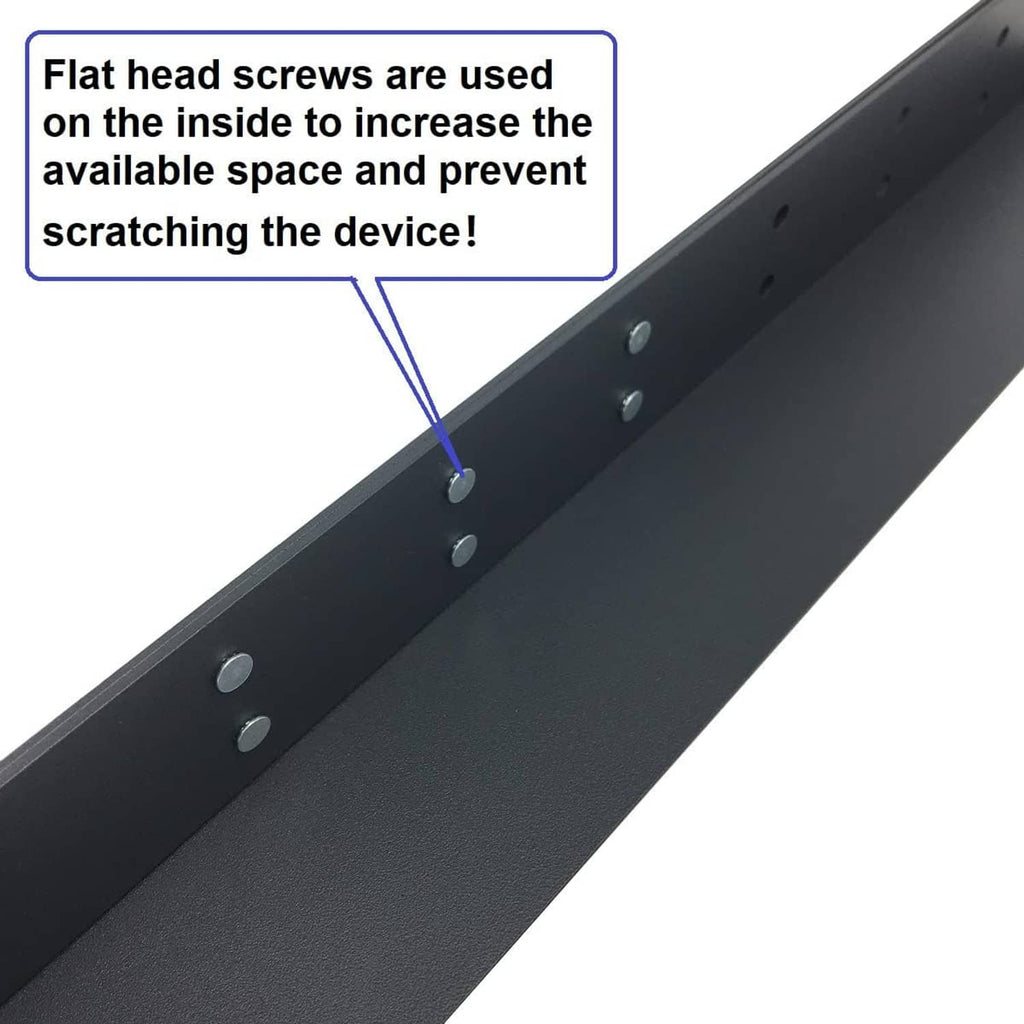 Black rack rail with round mounting holes and flat head screw fasteners