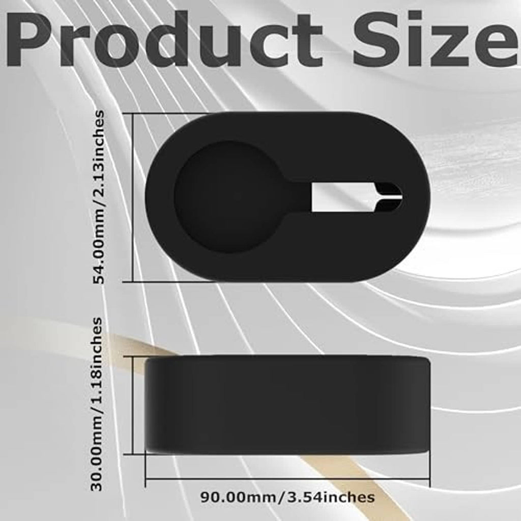 Black silicone charger stand with side opening, size measurement graphic.