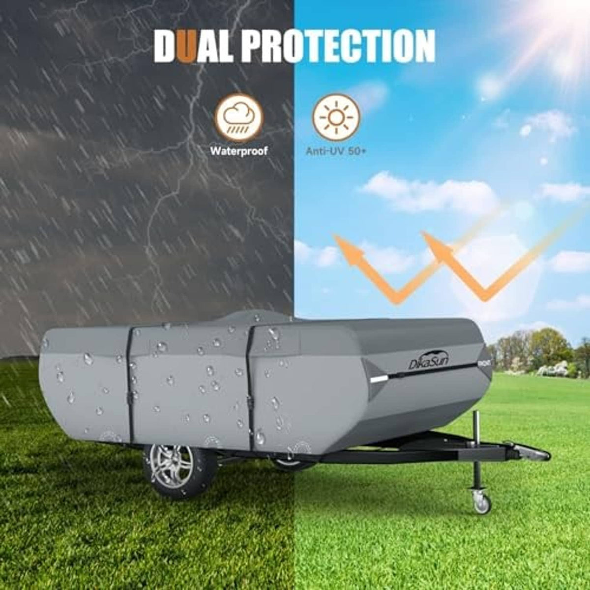 Gray pop-up camper cover with water droplets and weather protection design