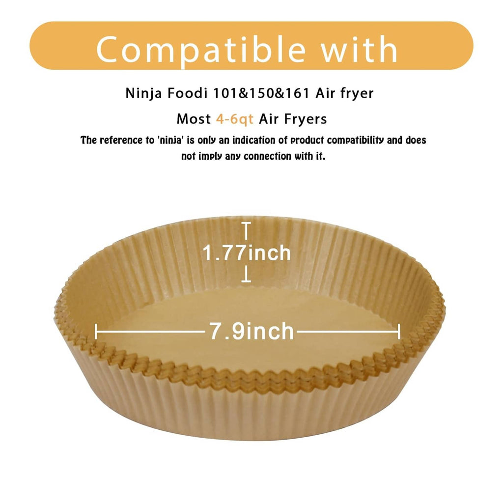 Round air fryer paper liner with 7.9 inch diameter measurement