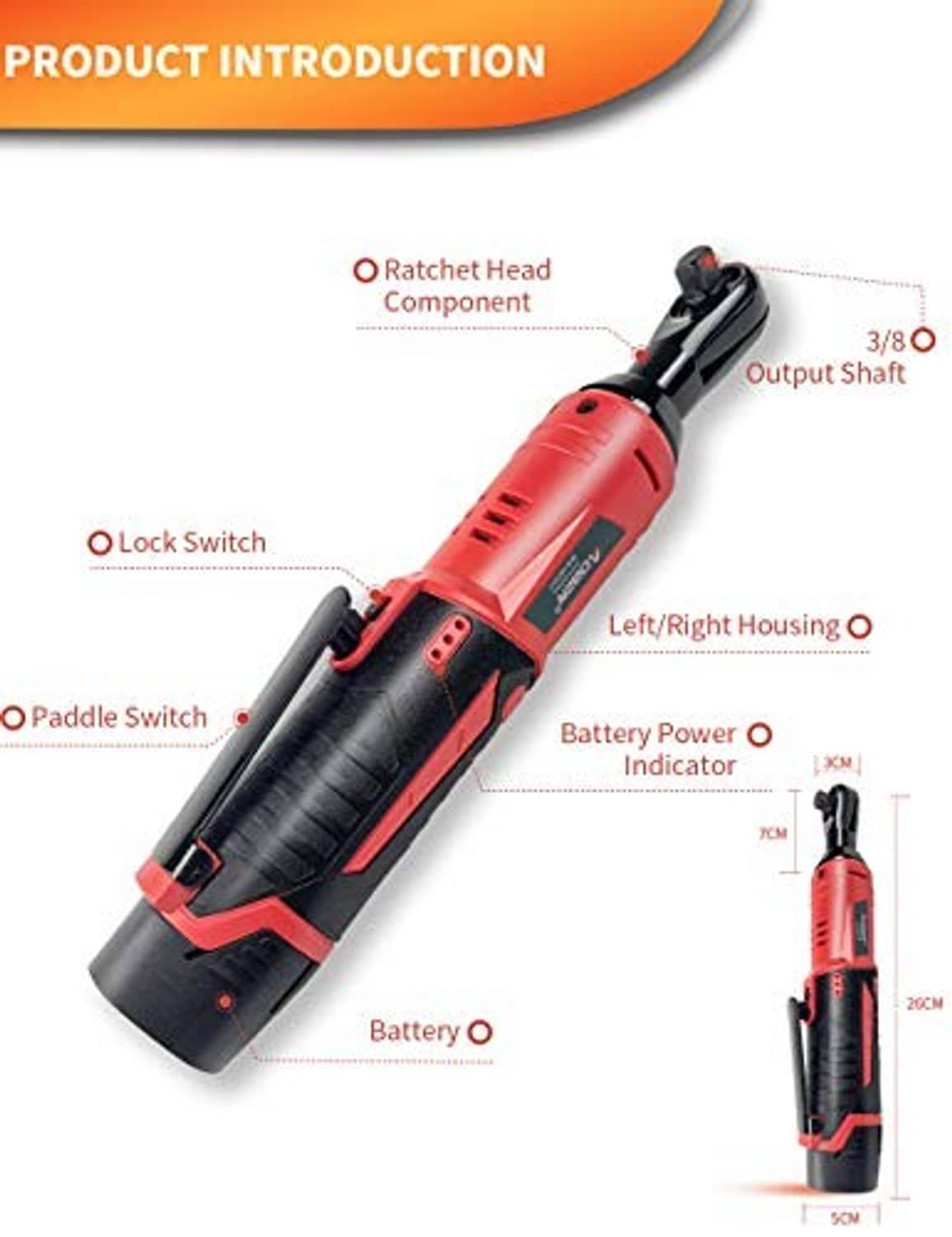 Cordless 12V electric ratchet wrench with red-and-black grip and 3/8-in output shaft