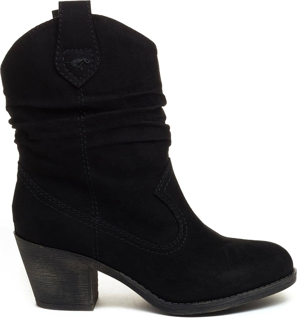 Black suede heeled ankle boots with pull tab, slouch fold, and side stitching
