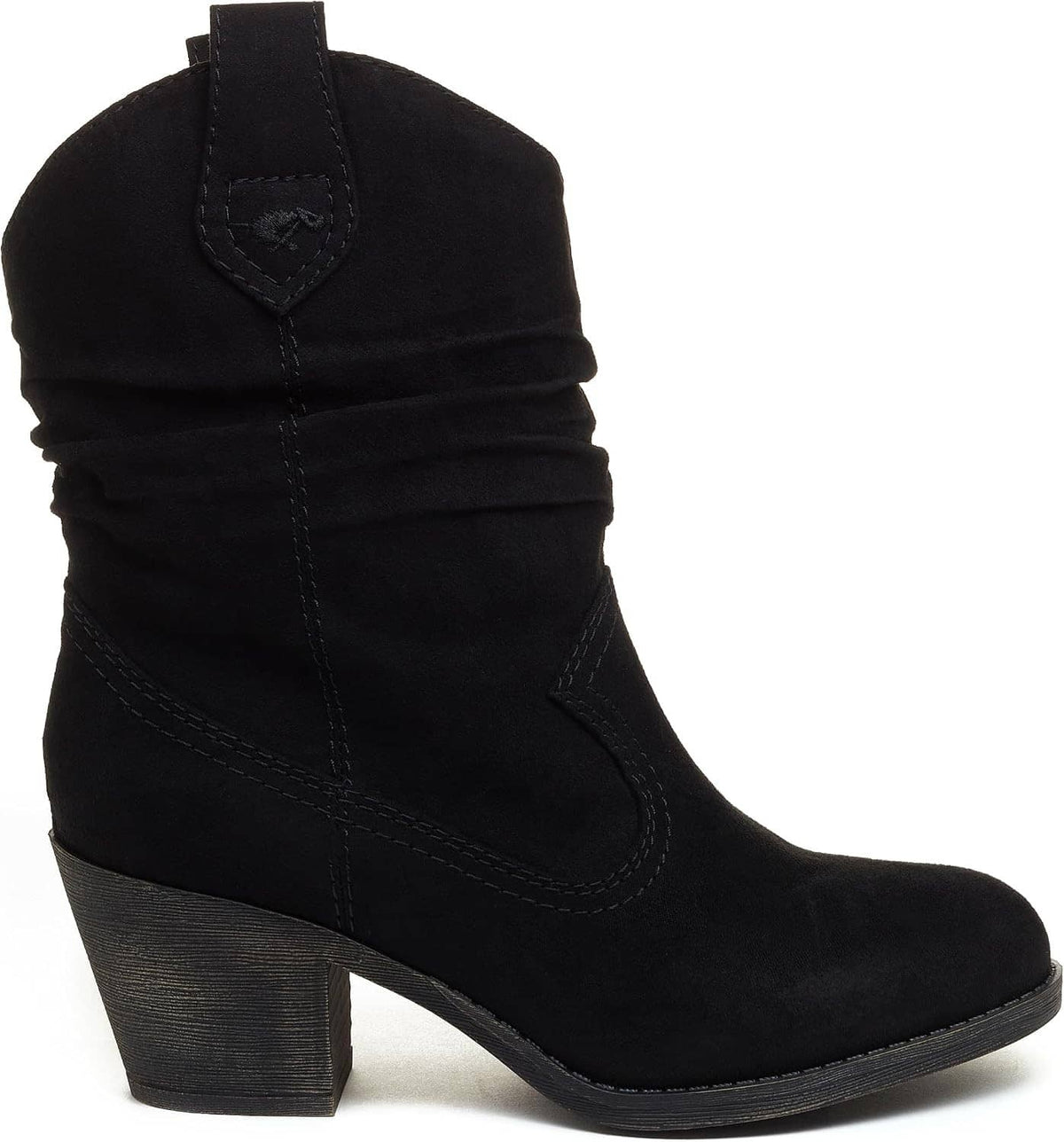 Black suede heeled ankle boots with pull tab, slouch fold, and side stitching