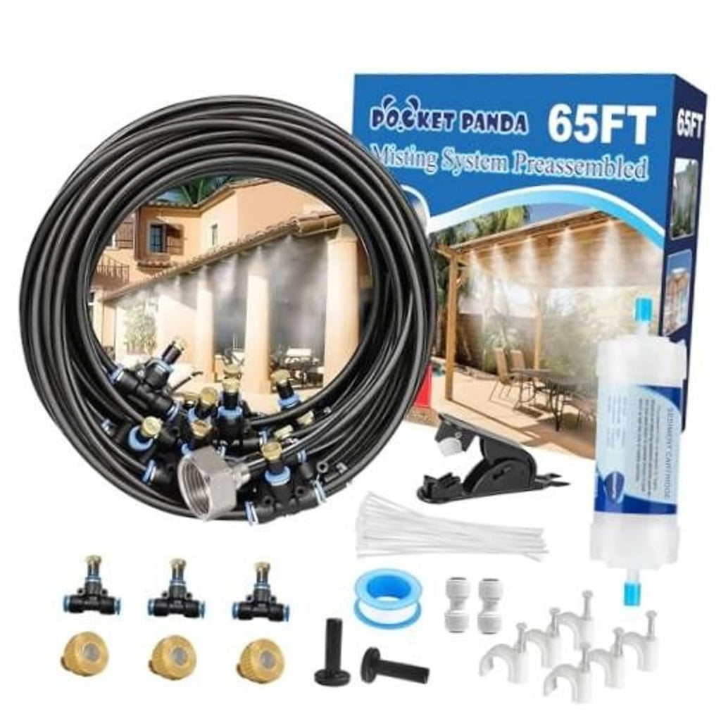 Pre-assembled patio misting system kit with coiled black hose and nozzle fittings
