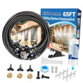 Pre-assembled patio misting system kit with coiled black hose and nozzle fittings