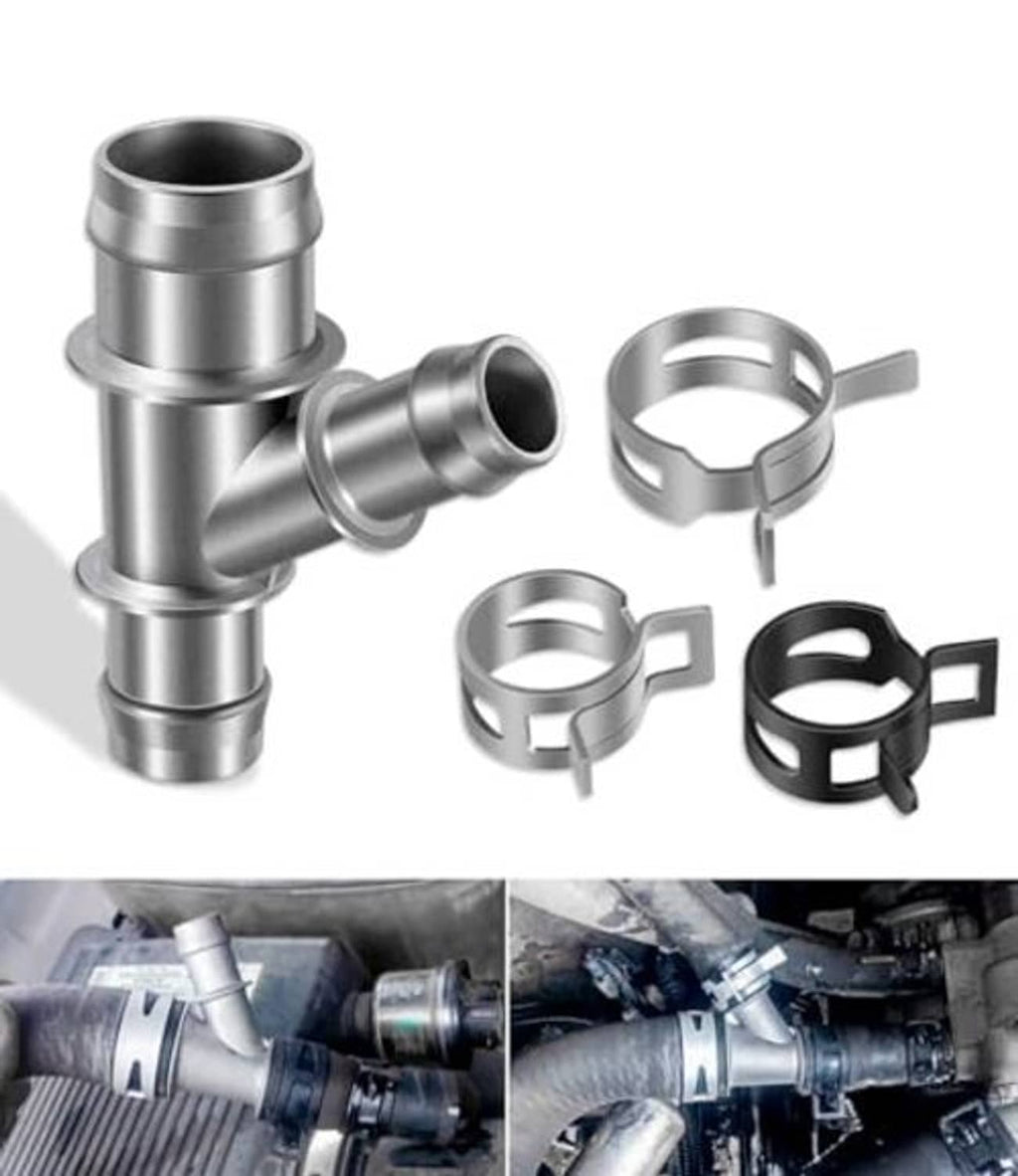 Aluminum coolant hose T-junction connector with two openings and included metal and black clamps