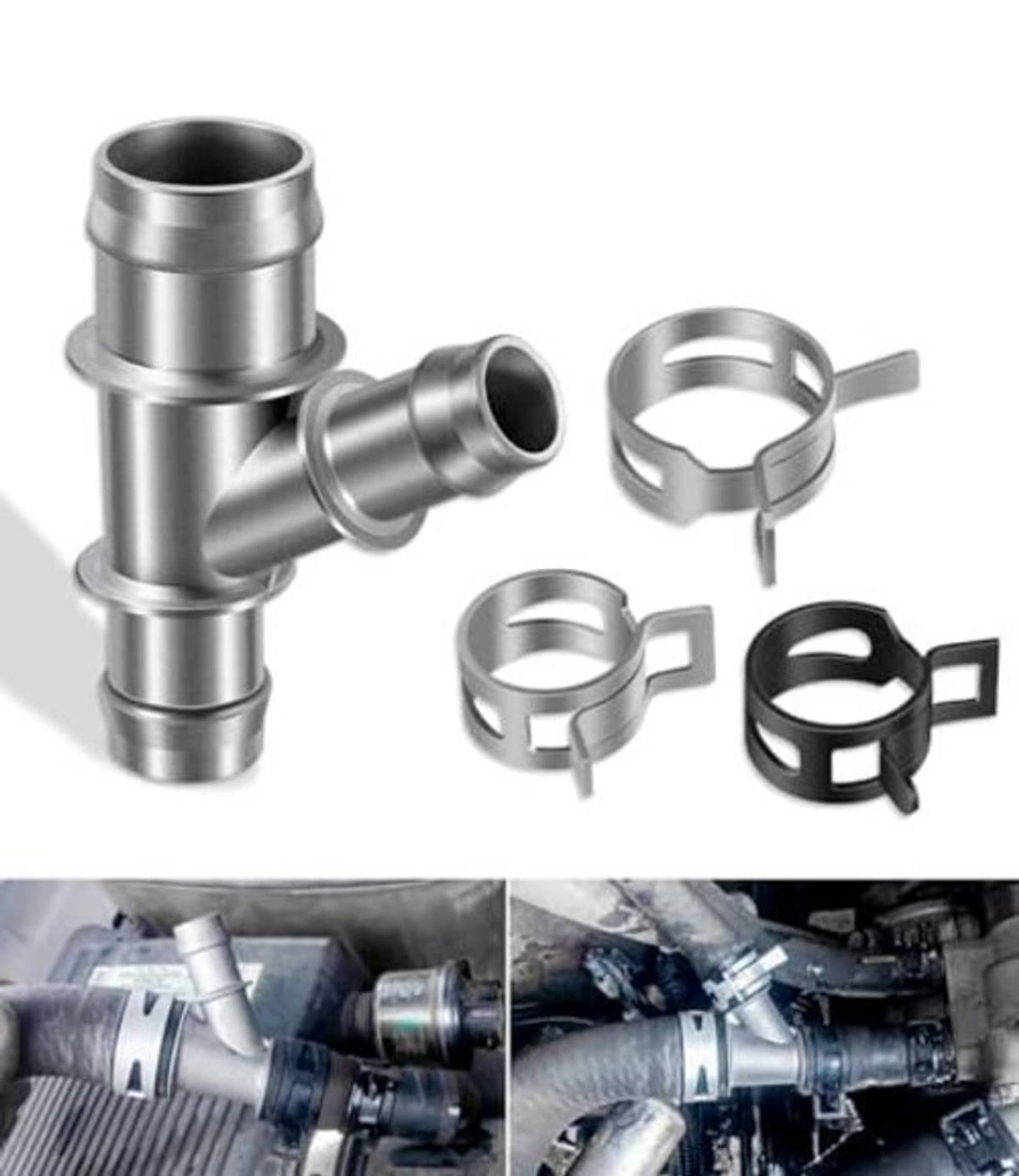 Aluminum coolant hose T-junction connector with two openings and included metal and black clamps