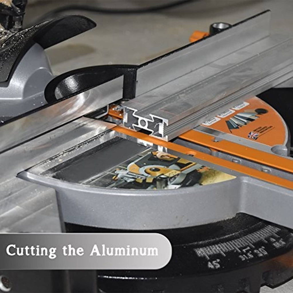 Miter saw cutting aluminum with installed 10-inch circular blade and guard