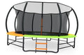 Outdoor trampoline with dark-gray enclosure net and orange step ladder, green jumping mat