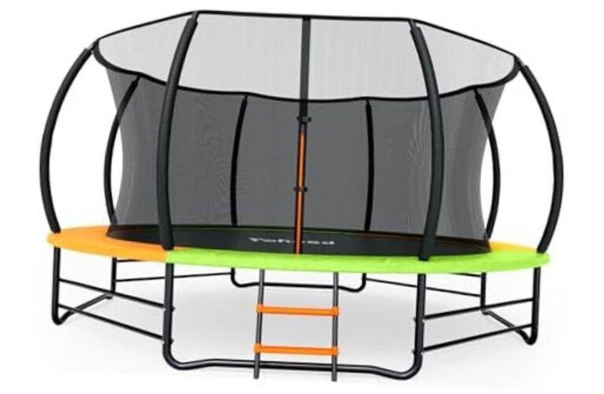 Outdoor trampoline with dark-gray enclosure net and orange step ladder, green jumping mat