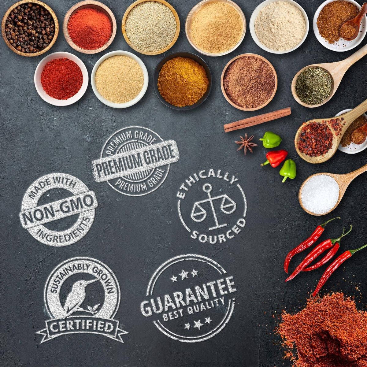 Assorted spice powders with red chili pepper powder and certification icons