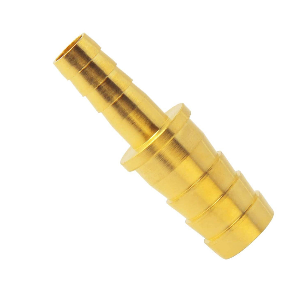 Brass hose barb reducer coupler, angled view of barbs for hose gripping