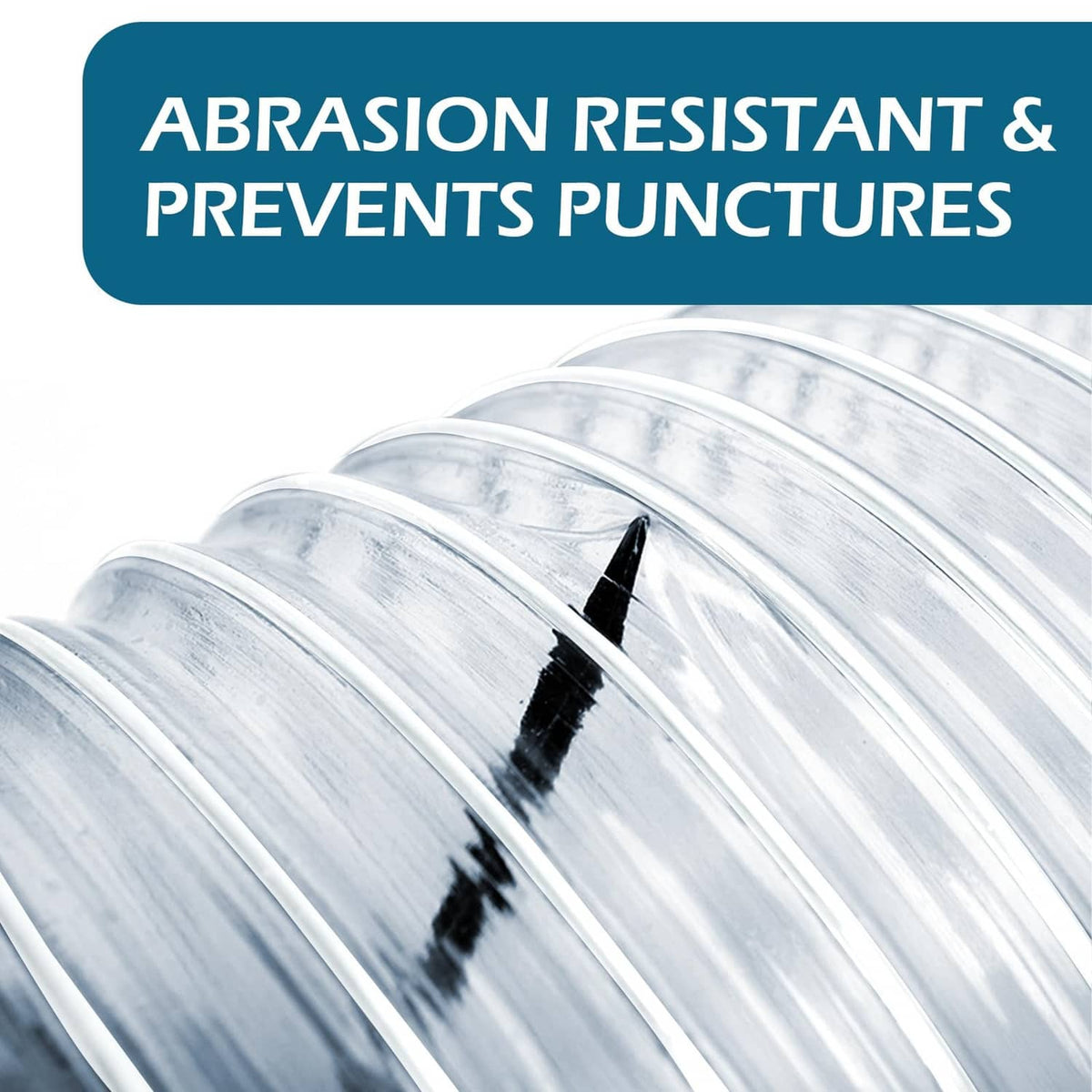 Close-up of clear ribbed PVC dust collection hose with visible transparent spiral ridges